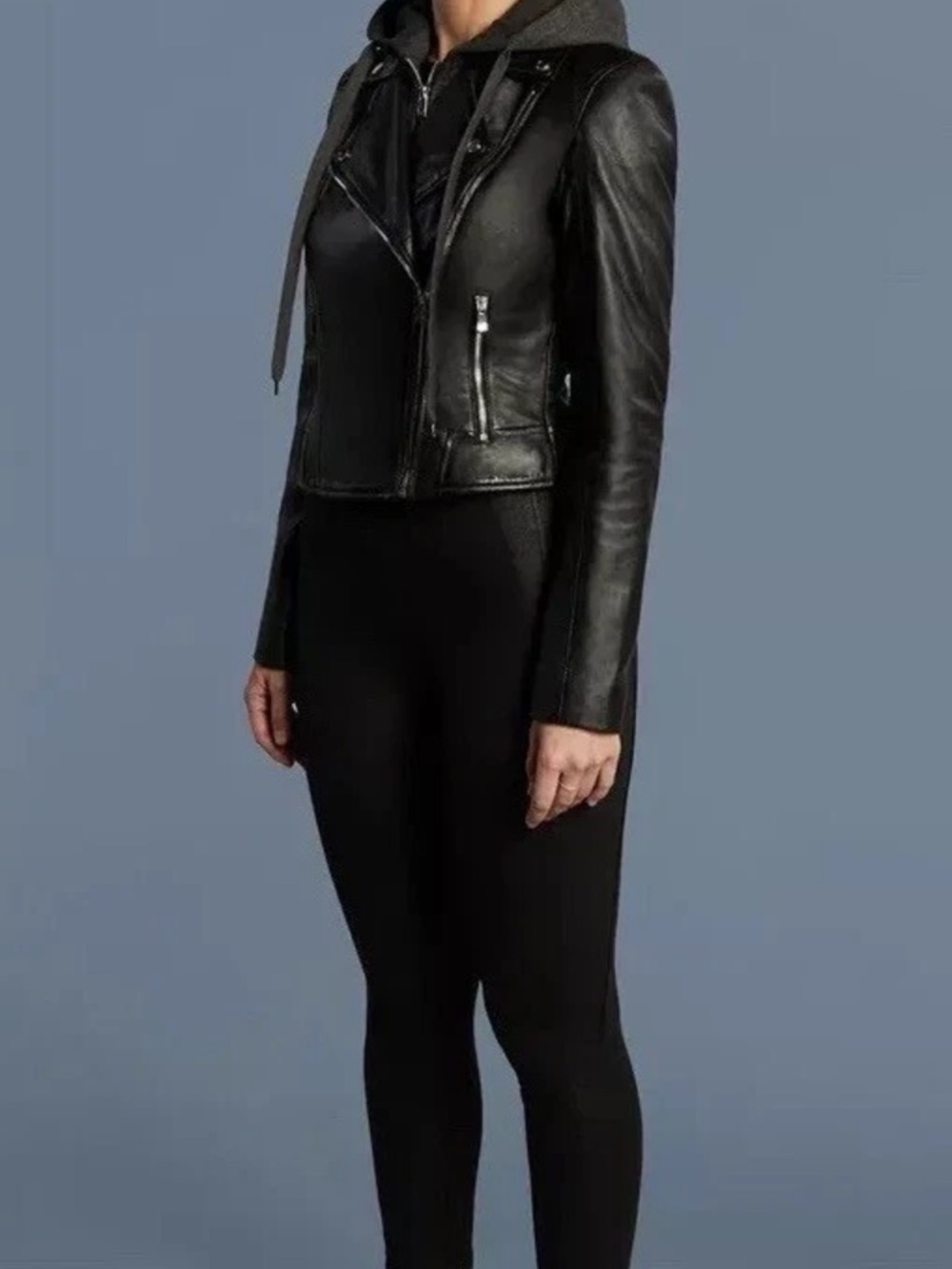 Women's Black Leather Hooded Asymmetrical Zip Jacket - Picture 2 of 6